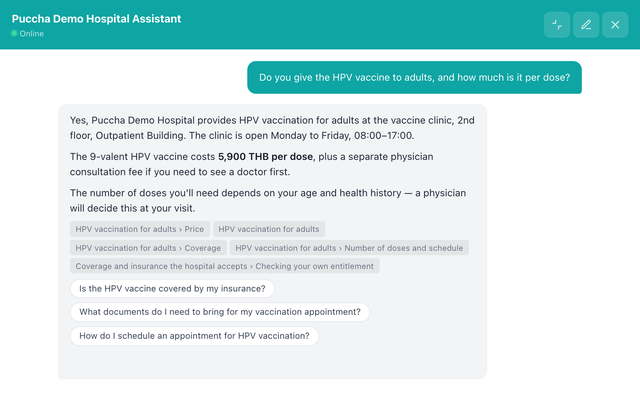 Ask the same question again, and it answers — Puccha Demo Hospital