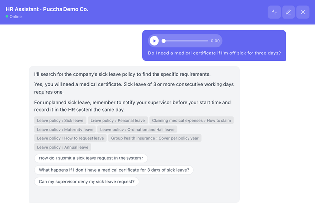Employees can ask by voice note — Puccha Demo Co., Ltd.