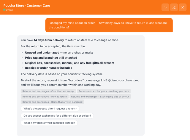 It answers, and shows its source — Puccha Store (demo)